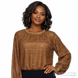 65. Aaron & Amber Metallic Crochet Long Sleeve Cropped Top Size M